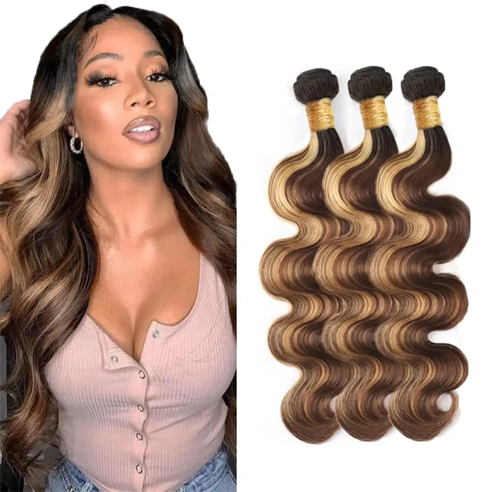 12A Highlight Thick Raw Virgin 3 Bundles Body Wave Human Hair Colored 4/27 Color