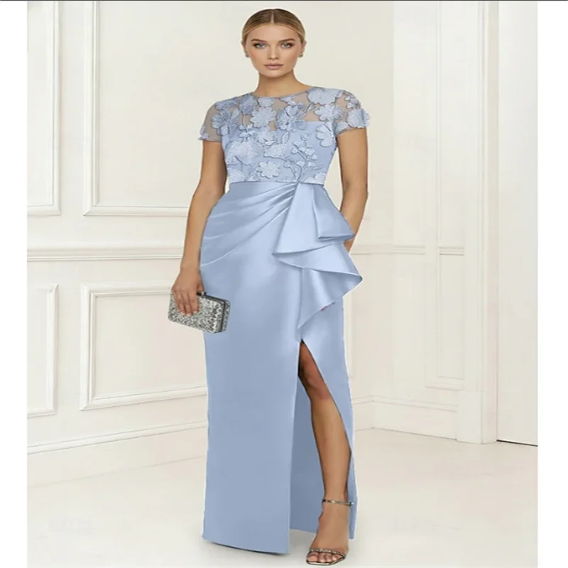 Gaine longueur au sol robes de soirée Cocktail robe noire élégante soyeuse à manches courtes col rond jardin robes de fête de mariage personnalisé