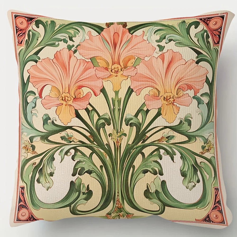 1pc Art Nouveau Floral Pillow Cover 18x18 Inch Zipper Closure Polyester Sofa Living Room Bedroom Decor