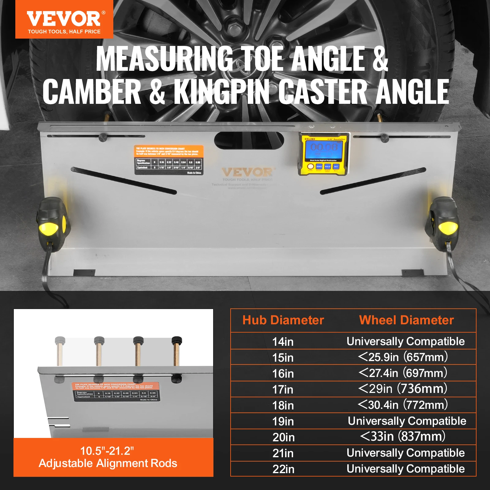 VEVOR Wheel Alignment Tool, 2-Pack Toe Plates, Camber Caster Toe Gauge 0.1° Accuracy Stainless Steel Tool Plate 6 Alignment Rods