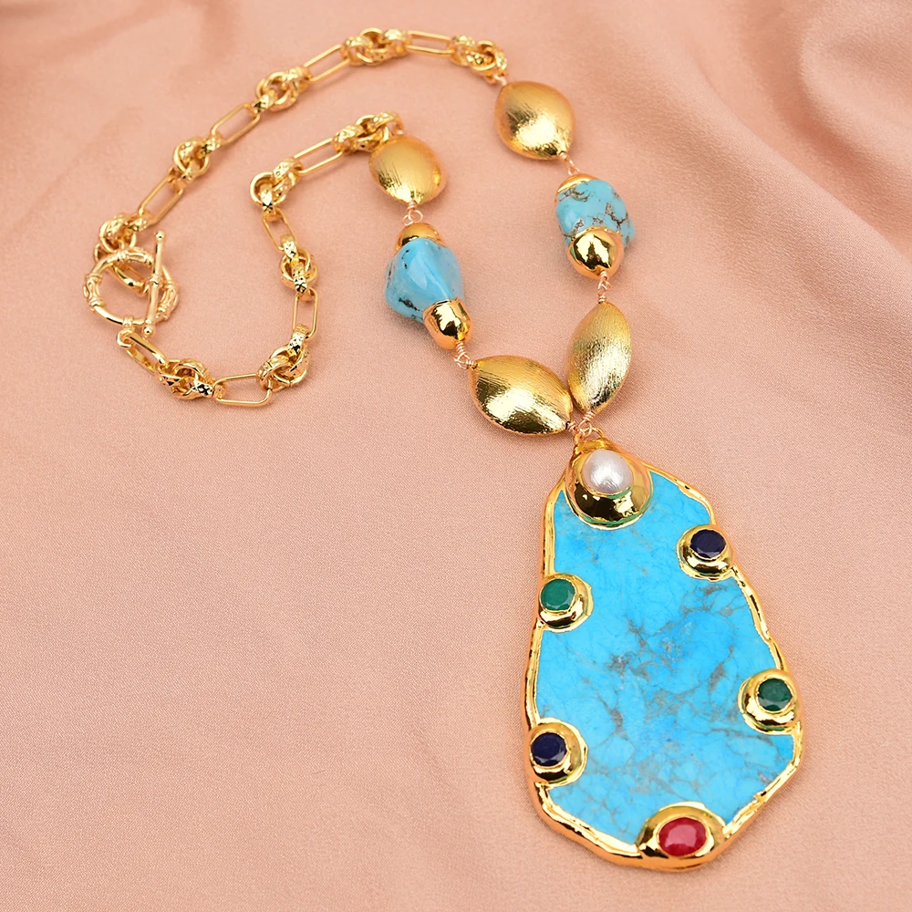 G-G 20'' Blue Stone White Pearl Oval Brushed Beads Big Blue Turquoise Slice Pendant Chain Necklace