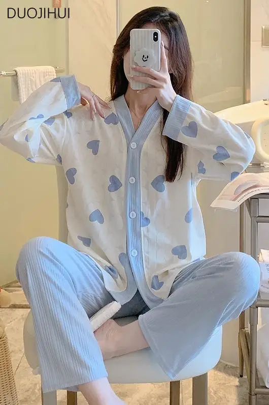 DUOJIHUI Autumn Two Piece Sweet Simple Female Pajamas Set V-neck Cardigan Basic Loose Pant Fashion Casual Home Pajamas for Women