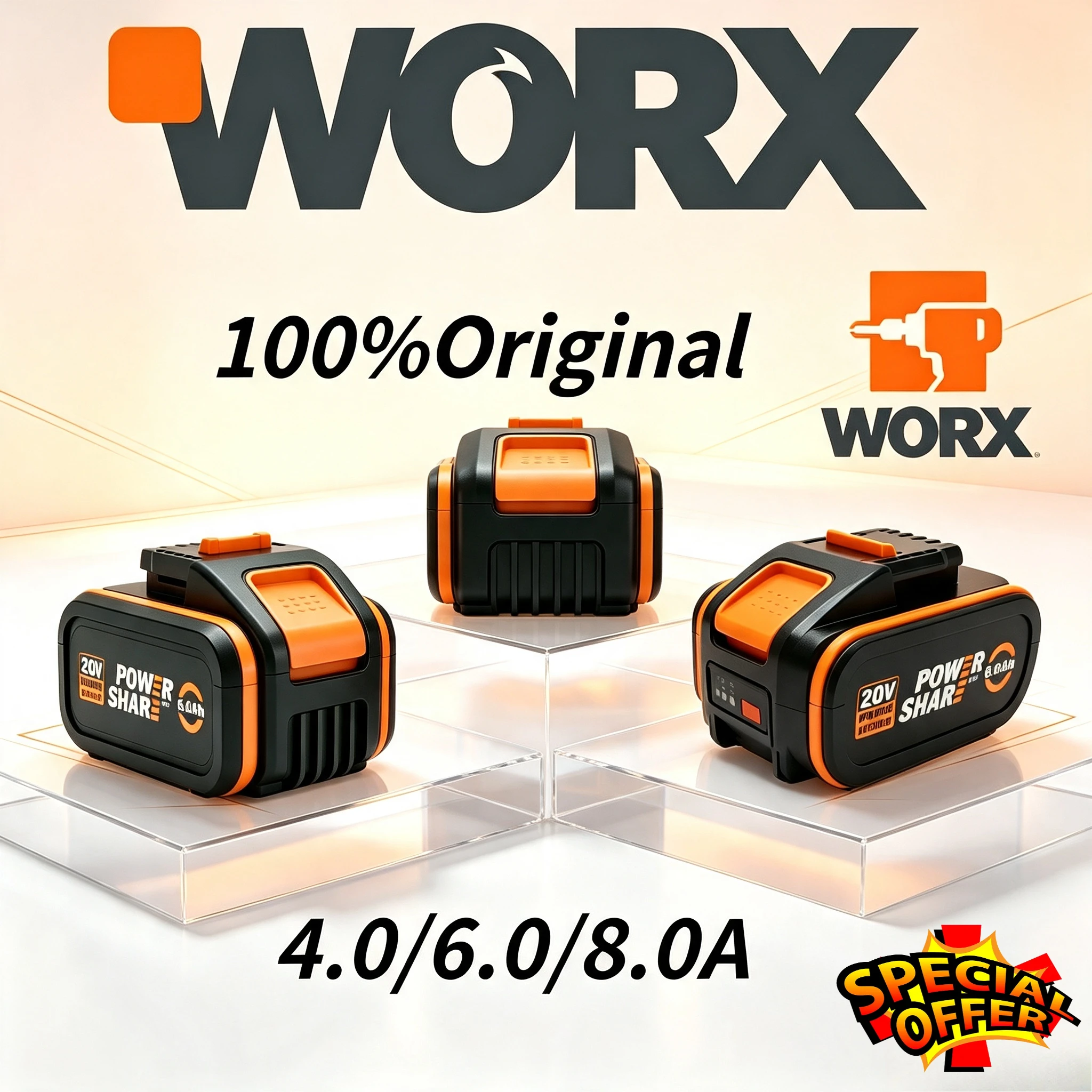 New WORX 20V 4.0/8.0Ah Lithium-ion Battery For WA3023 WA3054 WA3406 Extended Service Life Rechargeable Power Tool Battery
