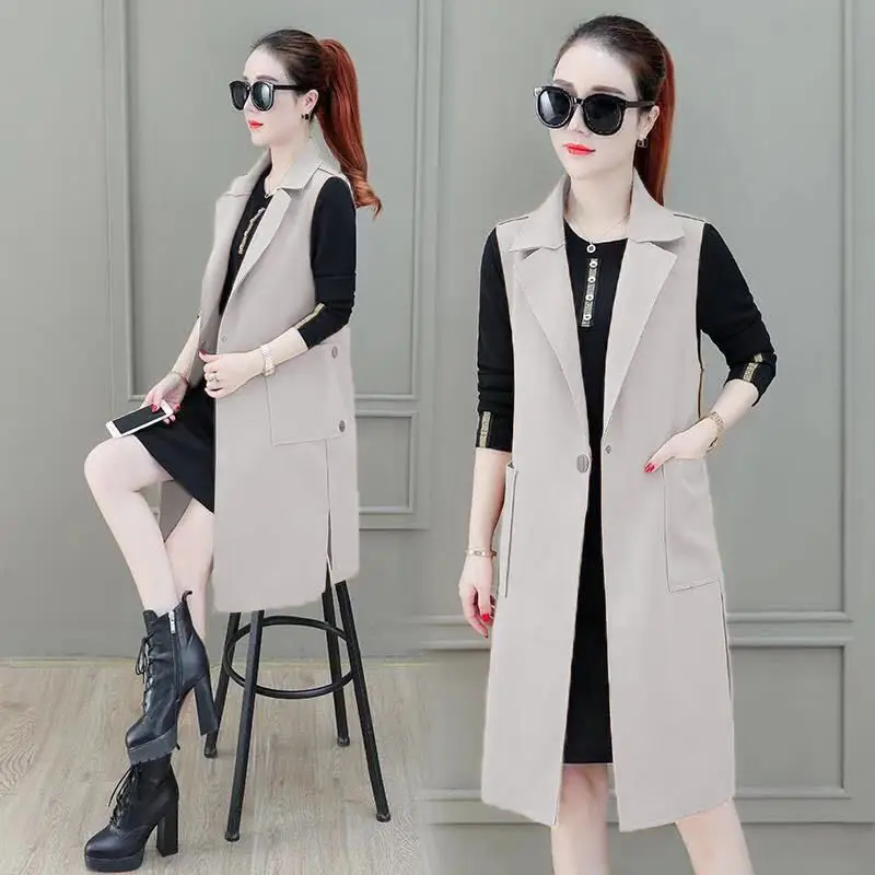 

2024 Autumn Classic Korean New Edition Women's Long Suit Elegant Office Vest Solid Color One Button Suit Collar Coat L5