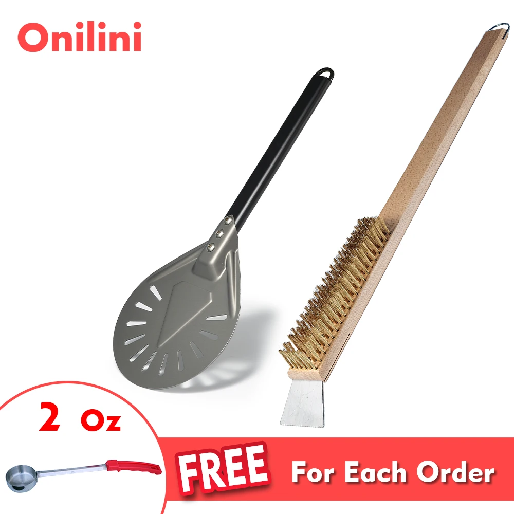 Onilini 7/8/9 inch Pizza Peel Hard Anodized with Oven Copper Brush Pizza Shovel Household Grill Brass Cleaning Brush Wood Handle