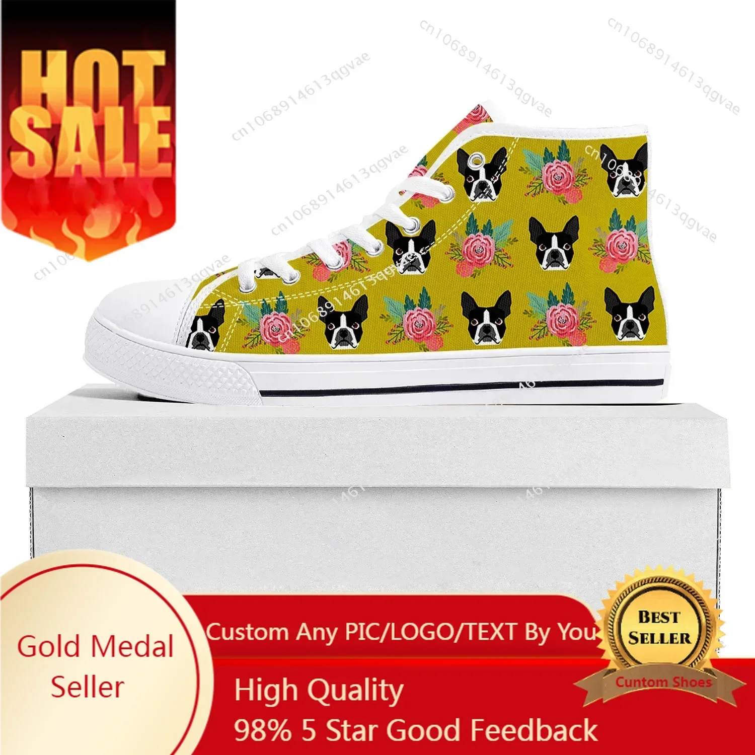 

Boston Terrier High Top Sneakers Mens Womens Canvas Sneaker Casual Couple Shoes Custom Made Shoe White