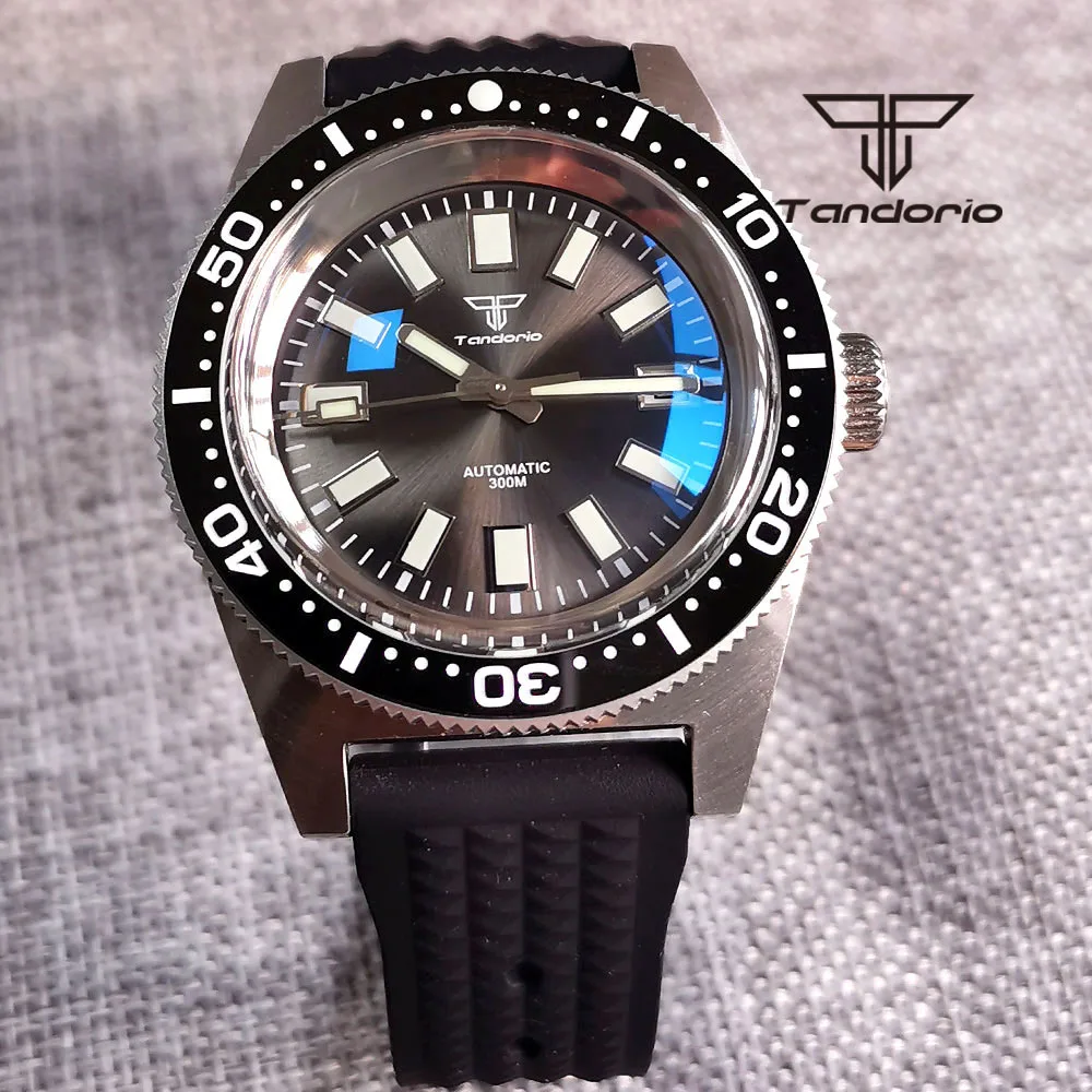 Tandorio 41mm 62mas Automatic Men Watch Silver Ring Sapphire Glass AR Coating PT5000 NH35A 300M Grey Sunburst Dial Rubber Strap