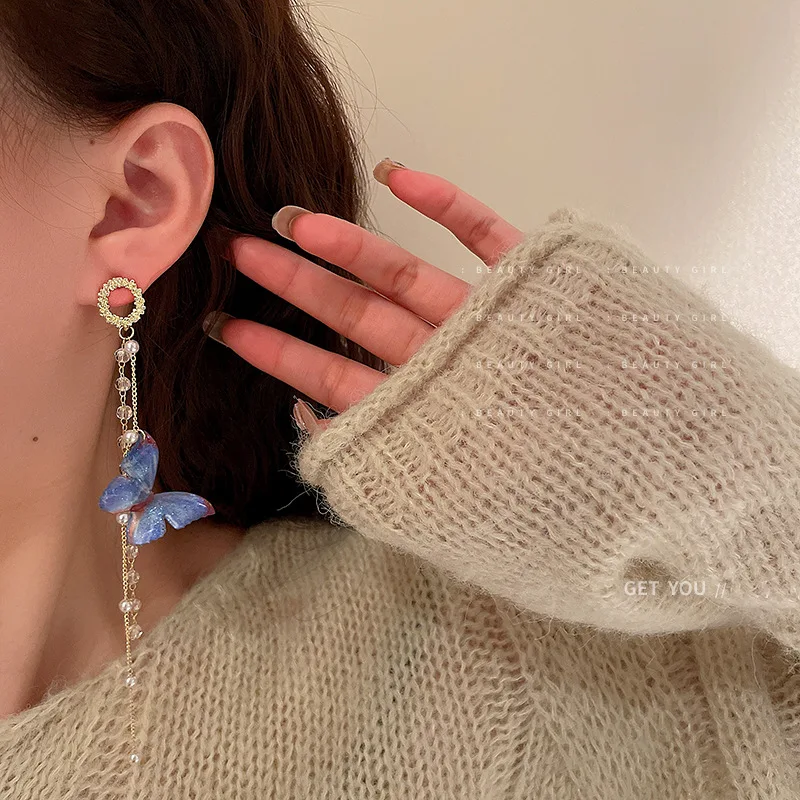 Sweet Blue Pink Butterfly Crystal Tassel Earrings for Women New Korean Fashion Delicate Long Drop Earrings Jewelry Party Gift