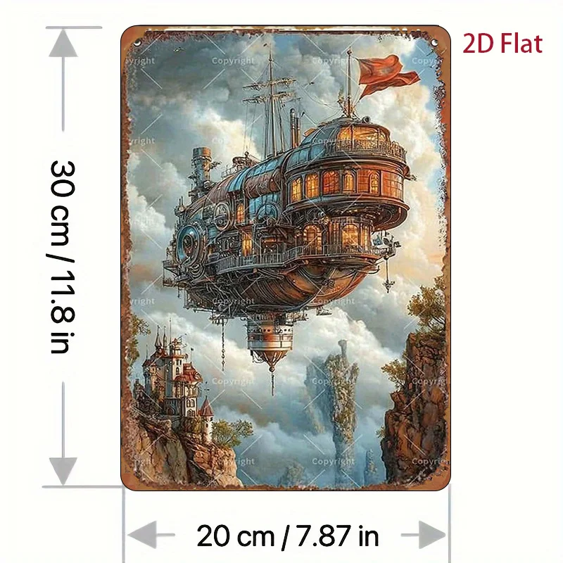 2D Flat - 1pc 8*12 Inch Metal Sign, Steampunk Style Airship Metal Sign, Decorative Sign & Plaque, Perfect for Home, Bar, Garage,
