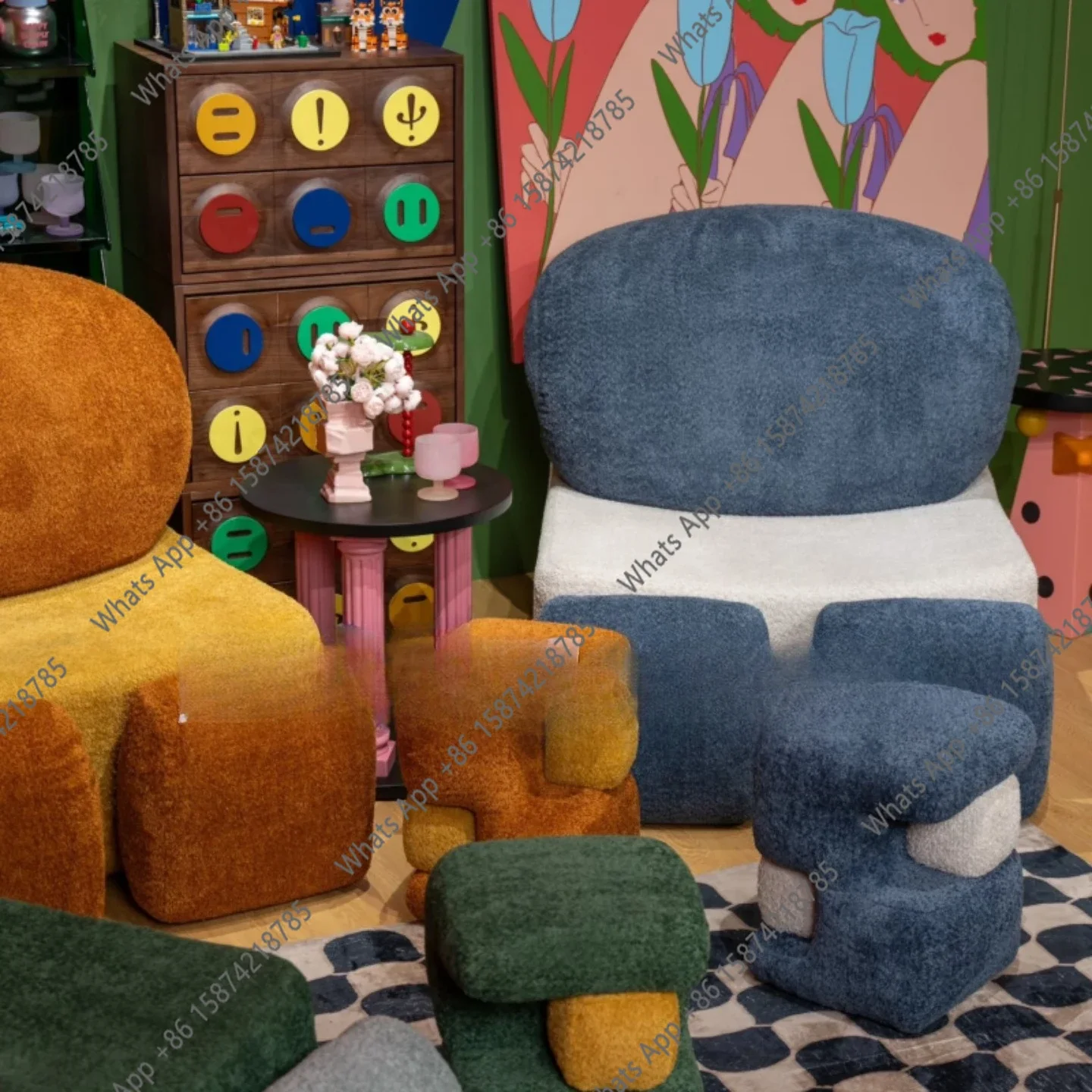 Canap� modulaire en tissu d�contract�, design cr�atif de niche, style r�tro nordique, forme sp�ciale, blocs de construction, mod�le X