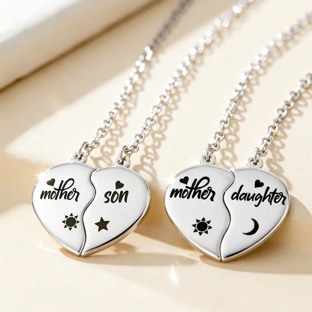 2Pcs Set Mother Daughter Son Split Heart Puzzle Pendant Necklace Stainless Steel Sun Moon Star Matching Necklaces Mother's Day G