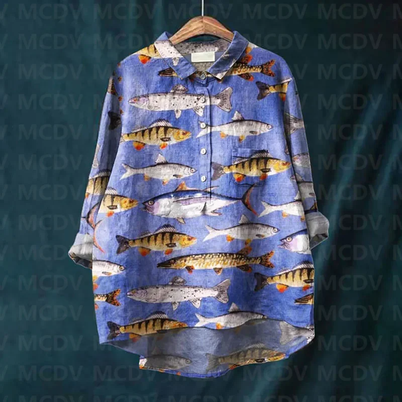 Women's Casual Fresh Sardines Art Print Casual Lapel Blouse