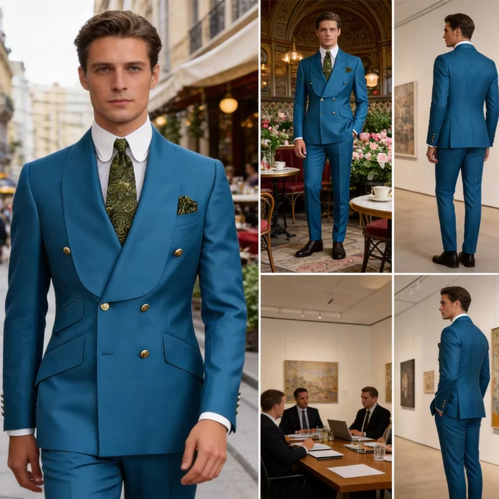 

Double Breasted Blazer Peak Lapel Elegant Formal Set Male 2 Piece Jacket Pants Elegant Men's Suits Chic Wedding Groom Tuxedos
