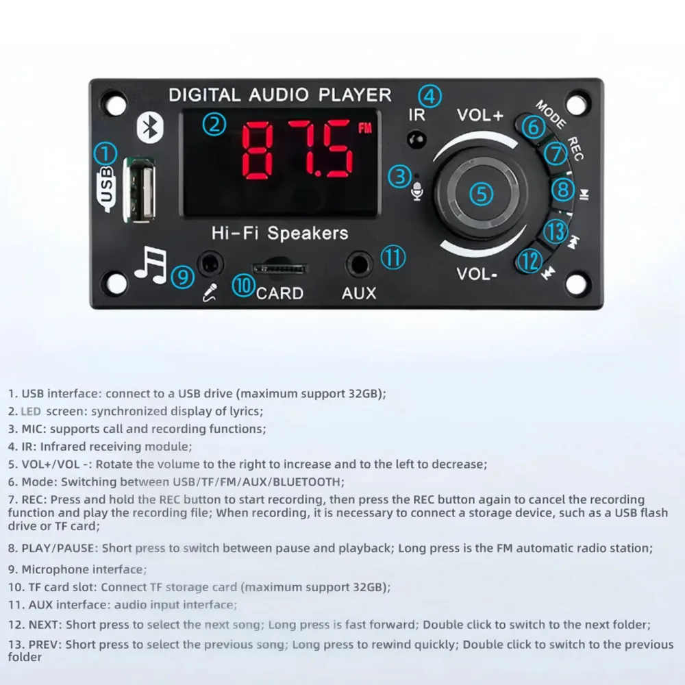 บอร์ดเครื่องถอดรหัส MP3บลูทูธ2*50W 100W เครื่องเล่นเสียงแบบ DIY 12V เครื่องเล่น MP3ในรถยนต์โมดูล TF USB อัดเสียงได้