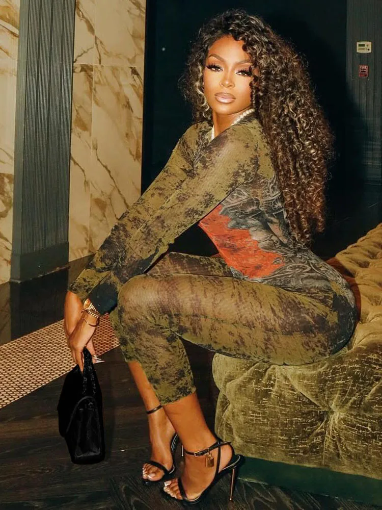 Sisterlinda 인쇄 슬림 오-넥 긴 소매 점프 슈트 여성 섹시한 인기 바디 쉐이핑 Vestidos 소녀 파티 레저 연필 바지