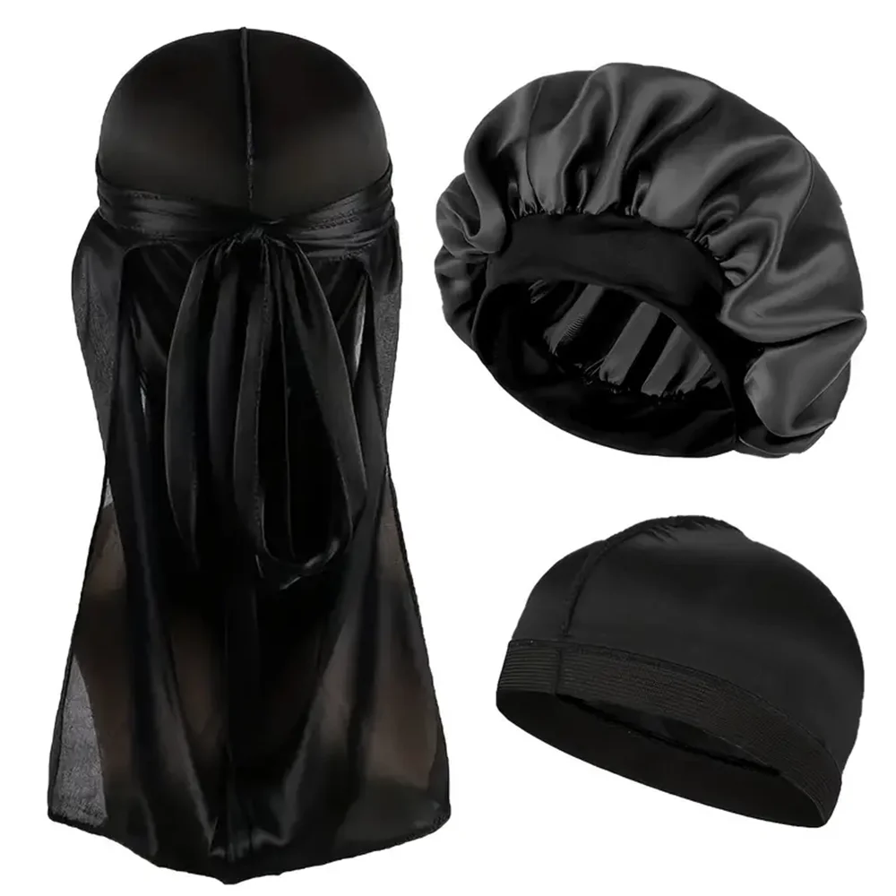 

3pcs/set, Durag & Bonnet & Dome Hats, Solid Color Elastic Satin Bonnet Night Cap, Lightweight Pirate Hats