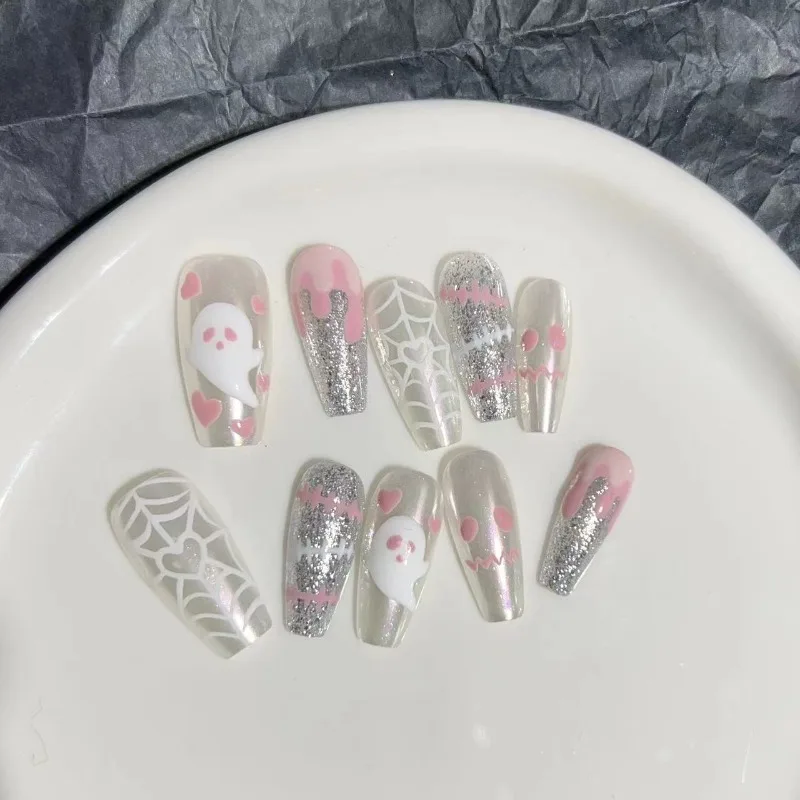 Removível cobertura completa unhas falsas, remendo artesanal DIY, desenhos animados bonitos, Dia das Bruxas, fantasma mágico, unhas postiças, pressione em unhas, 10pcs, conjunto