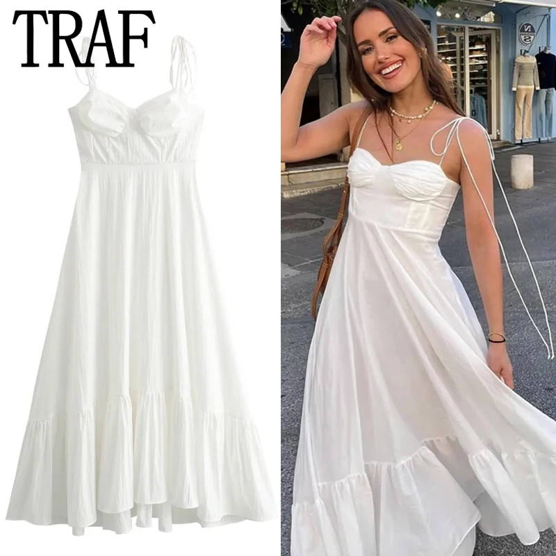 

TRAF Ruffle Bow Strappy Slip Dresses Women's Dress Summer 2024 White Sleeveless Backless Dress Elegant Birthday Dresses Luxury