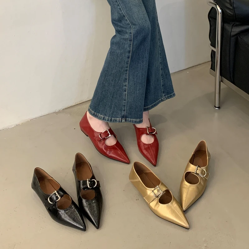 

SUOJIALUN Autumn Women Flat Shoes Fashion Pointed Toe Ladies Elegant Mary Jane Ballet Shoes Flat Heel Outdoor Dress Single Shoes
