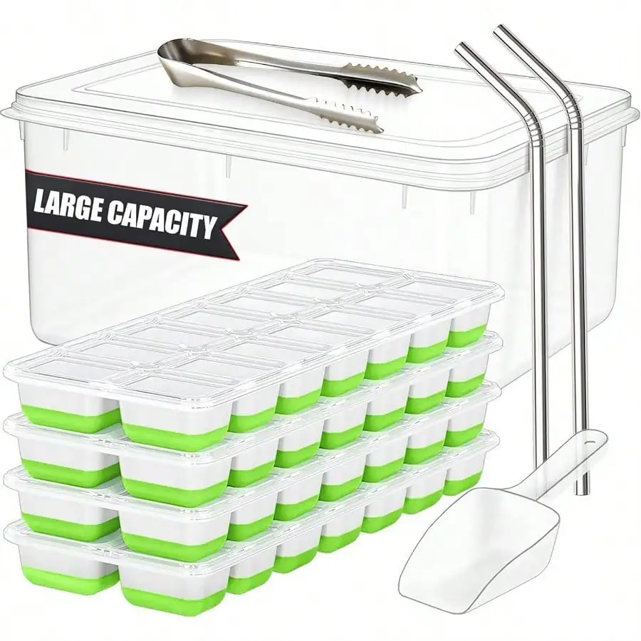 56pcs Tray With Lid And Bin – Stackable 4 Trays Silicone Plastic Freezer Mold, Large Ice Bucket With Scoop, Tong & 2 SS Straws – Easy Release Ice Maker For Cocktail, Coffee, RV, Whiskey