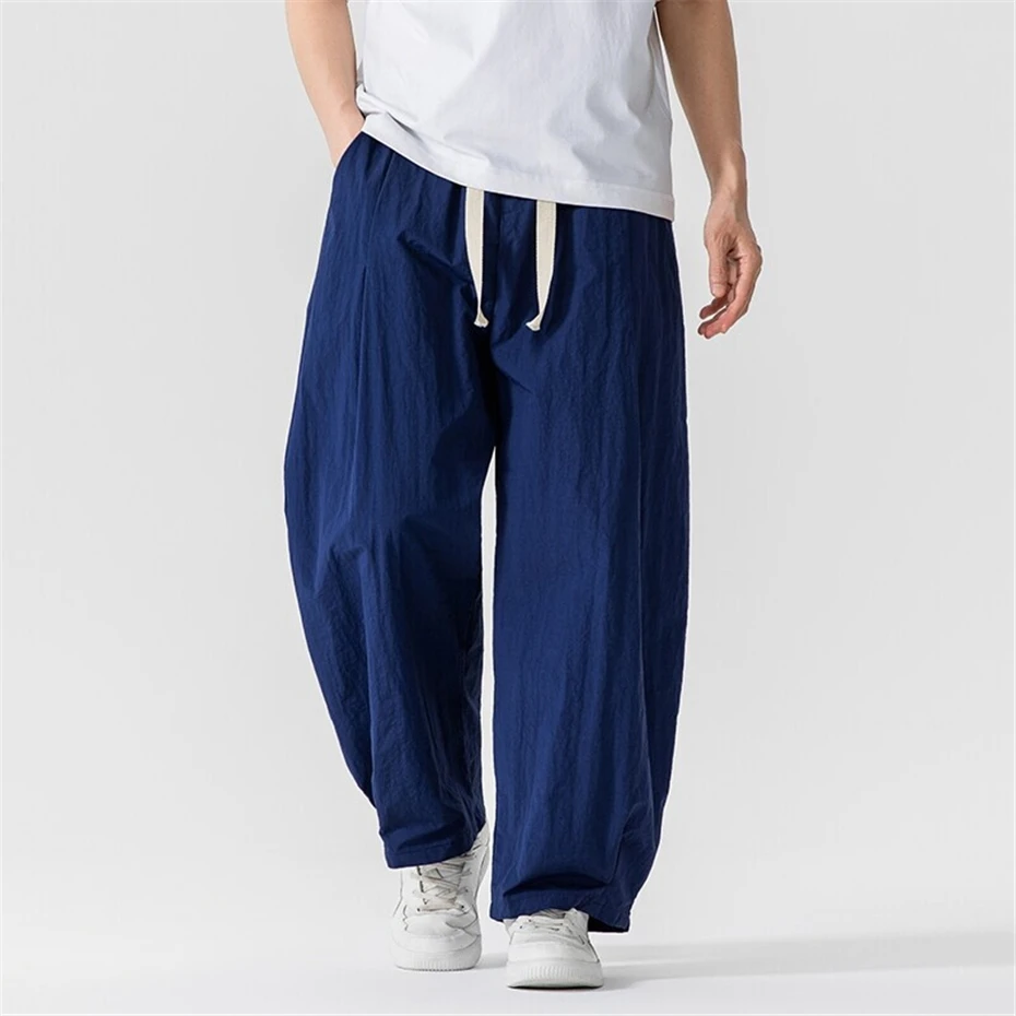 Large Size Thin Pink Pants Mens Summer Vintage Wide-leg Trousers Men Harajuku Japan Style Elastic Waist Baggy Casual Pant Male