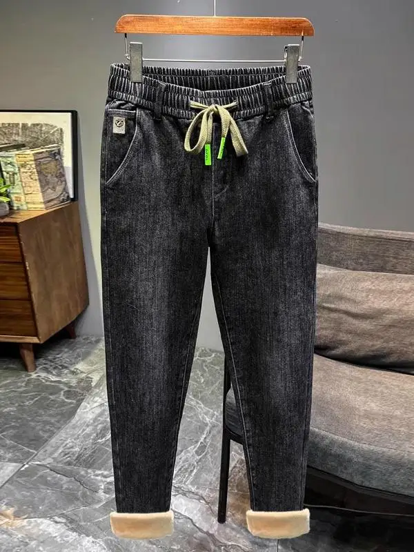 Jeans da uomo con elastico in vita foderato in Fce Pantaloni casual in velluto a coste Dstring Pantaloni caldi invernali alla moda per giovani
