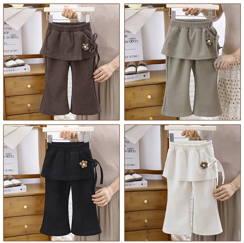 Frühling Herbst Winter Neue Mädchen-Hose mit Fake-Two-Piece-Effekt Schmal Geschnittene Hochtaillierte Rockhose für Kinder Leicht Ausgestellte Hose – Detail 9