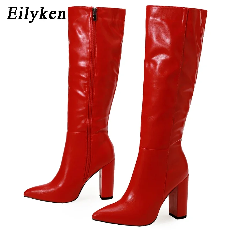 Eilyken moda donna stivali da moto alti al ginocchio Sexy punta a punta tacchi quadrati cerniera lunga femminile Botas De Mujer Largas