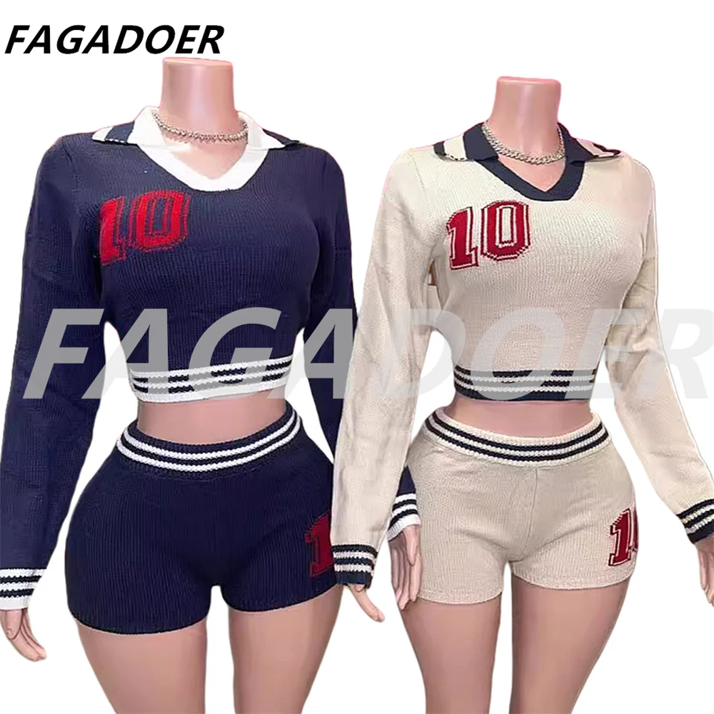 FAGADOER Autumn Knit 2 Piece Sets Outfit Preppy Style Lapel Stripe Patchwork Sweater and Shorts Set Quality Stretchy Knitwear