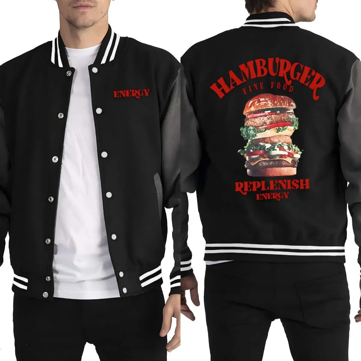 

Hamburger Fine Food Replenish Energy Prints Baseball Uniform Men Hip Hop Casual Jacket Autumn Loose Streetwear Unisex Fleece Top