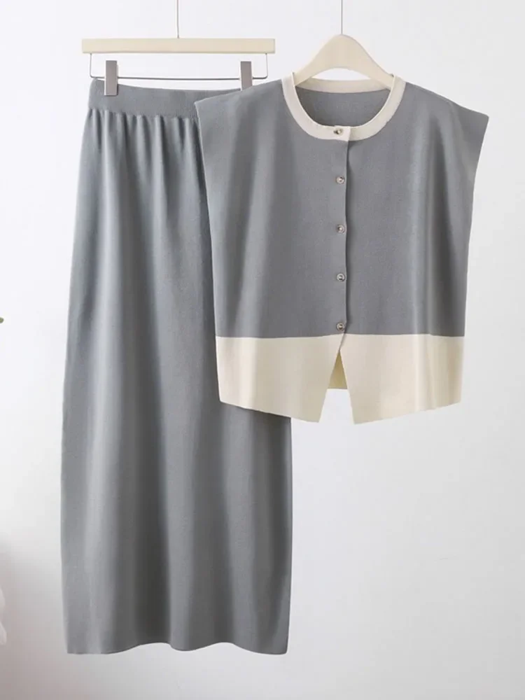 

Summer Knitted 2 Pieces Sets Korean High Waist Loose Skirt Ensembles Women O-neck Sleeveless Knitwears Cardigan Tops Conjuntos