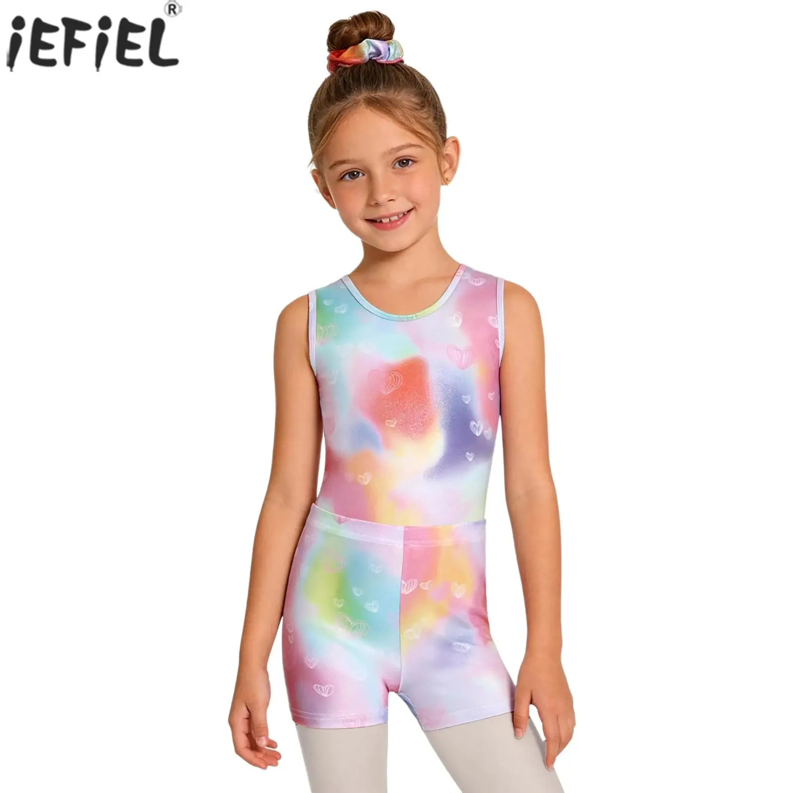 Kids Girls Gymnastics Leotard Sleeveless Printed Metallic Bodysuit with Shots Hairband Ballet Dance Skating Acrobatics Costume