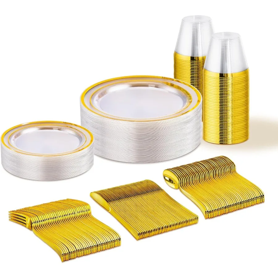 

150 PCS Clear Gold Disposable Dinnerware Set for 25 Guests Including 25 Dinner Plates 25 Salad Plates 25 Cups 25 Spoons Forks K