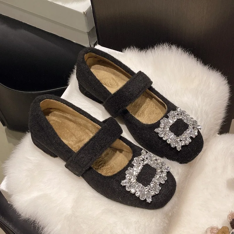 

Women's Elegant Square Head Shallow Mouth Hairy Single Shoes Autumn Warm Comfortable Versatile Plush Mary Jane Cotton Shoes