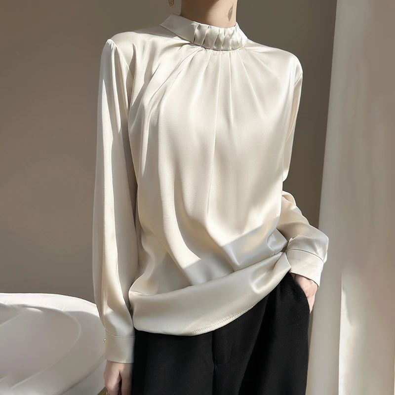 BELIARST 2024 Women's Spring Wear New Stand up Neck Top Fashion Silk Smooth Satin Long sleeved Pullover Solid Color Shirt Thin