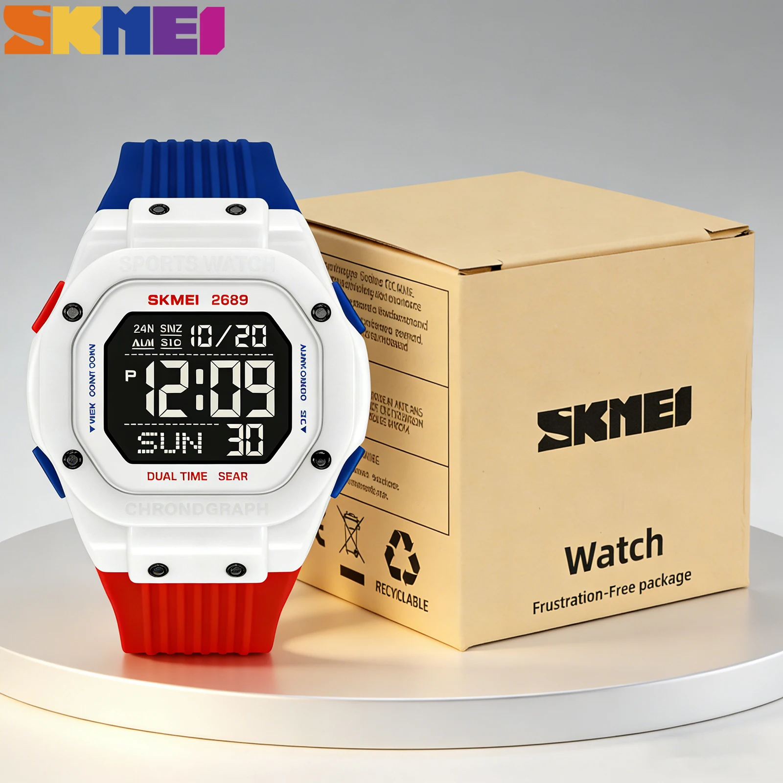 SKMEI 2689 Fashion Wristwatch W/ Protective Box, 5Bar Waterproof Electric Digital Watch Luminous Clock Outdoor Sport Handwashing