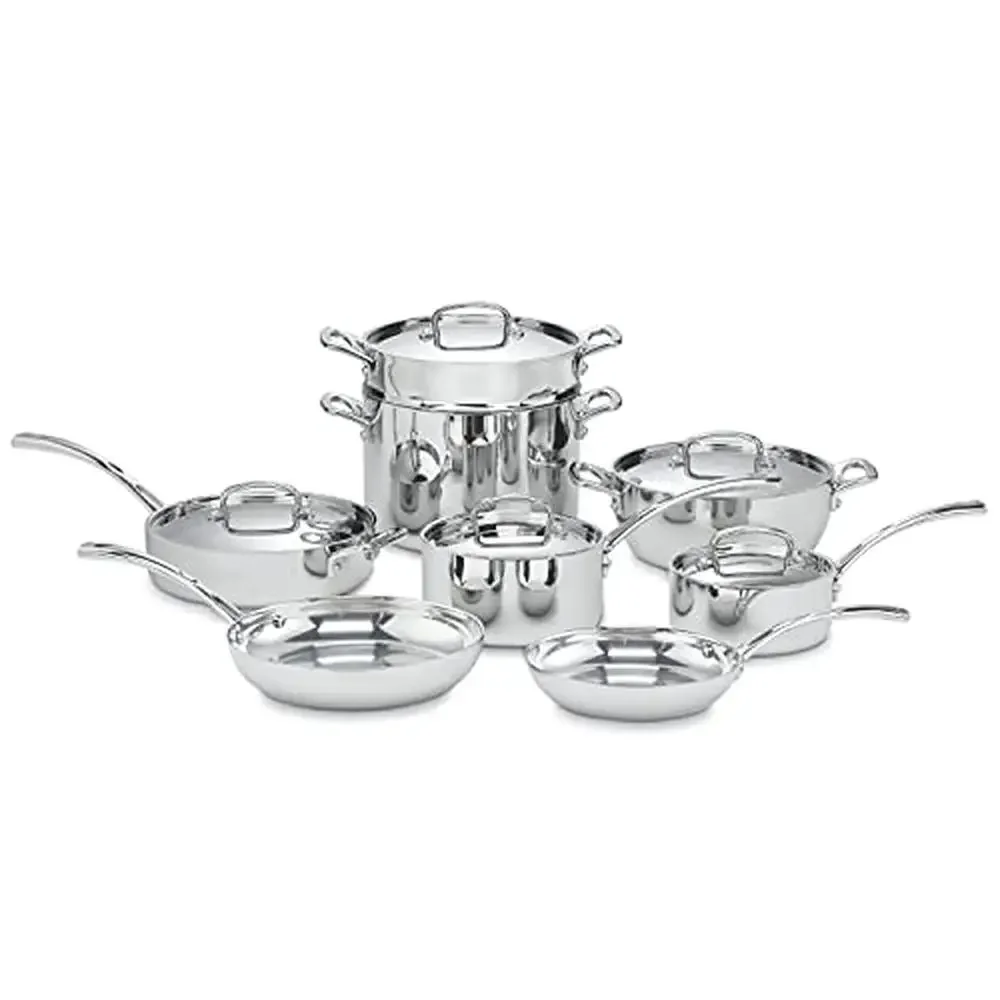 Professional Stainless Steel Cookware Set French Classic 13-Piece Tri-Ply Silver Heat Distribution