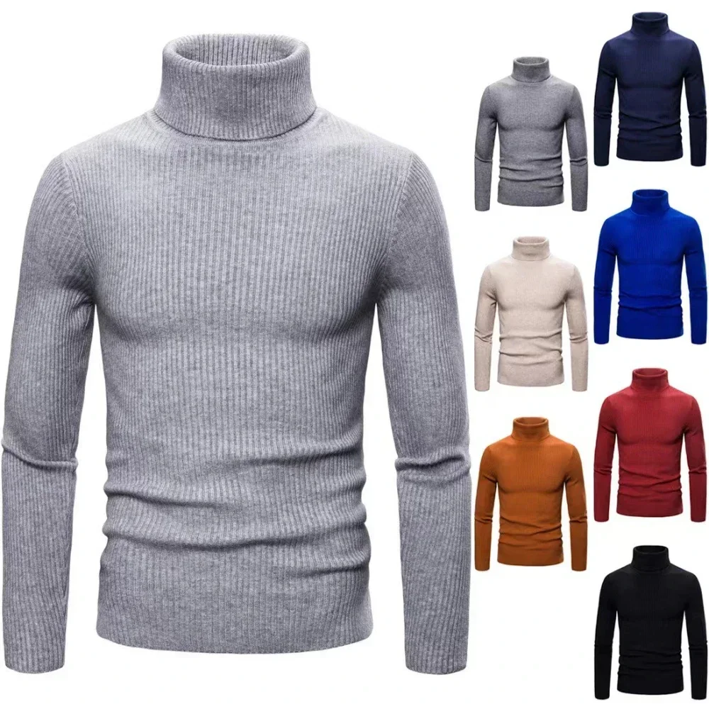 Autumn and Winter Men's Solid Color Turtleneck Sweater Korean Style Slim Temperament Striped Bottoming Knitted Sweater Pullover