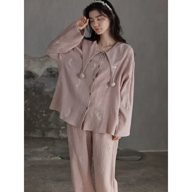 2024 New Pajamas Women's Spring Autumn Woven Cotton Loungewear Long Sleeve Skin-friendly Sleepwear Set Loose Large Size Homewear