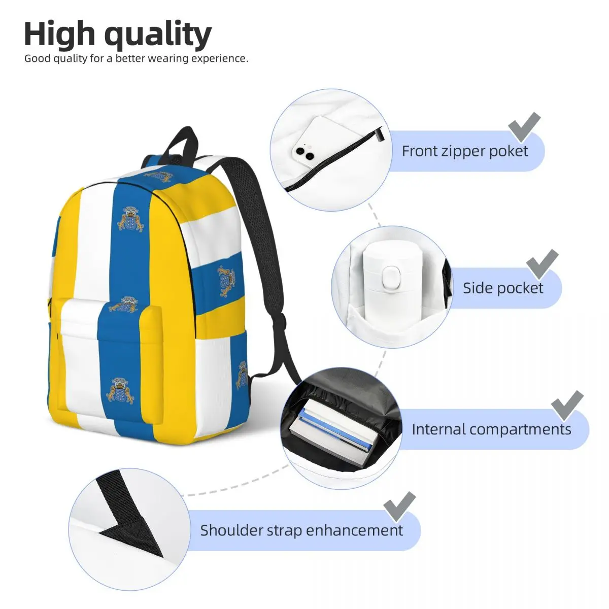Spain Flag Oceano Canary Islands Student Backpack School Bag Hiking Travel Daypack for Men Women Bookbag Shoulder Bags