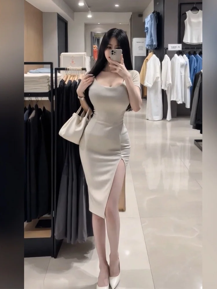 

Женское летнее повседневное платье SYJ Ujia с коротким рукавом, U-образным вырезом, разрезом и завышенной талией в корейском стиле