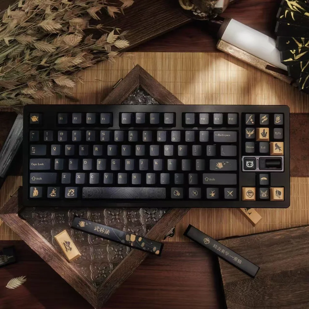 142 مفتاحًا على الطراز الصيني أغطية مفاتيح ذهبية سوداء الكرز الشخصي صبغ التسامي PBT Keycap للوحة المفاتيح الميكانيكية MX 61 75 87 98 104