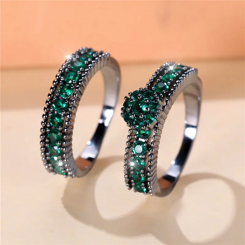 Luxury Female Green Blue Zircon Stone Round Ring Set Trendy Black Gold Color Engagement Bride Wedding Jewelry Gift For Women