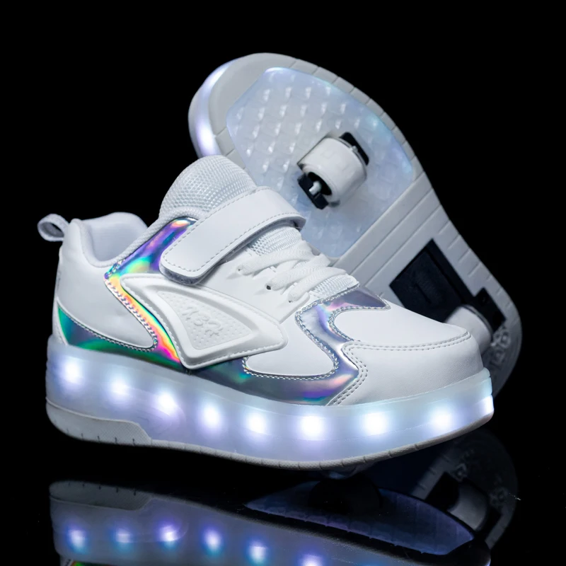 Zapatos de Skate de alta calidad para niños, zapatillas luminosas con luz LED, zapatos de dos ruedas para niños y niñas con carga USB