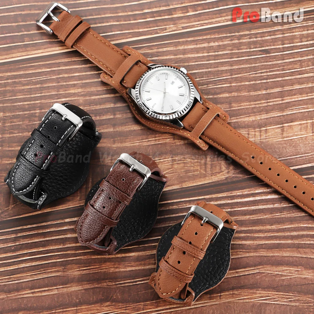 Genuine Leather Watch Straps 18mm 20mm 22mm with Mat Bund Pad Tray Retro Black Brown for Men Women Bracelet Universal Wrist Band