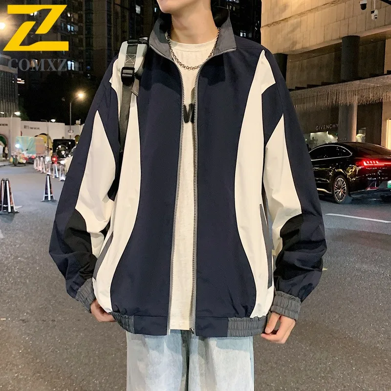 

COMXZ Outdoor Sports Jacket Men Autumn Patchwork Fashion Trend Premium Casual Korean Style Color Block Trend Stand Collar Coat
