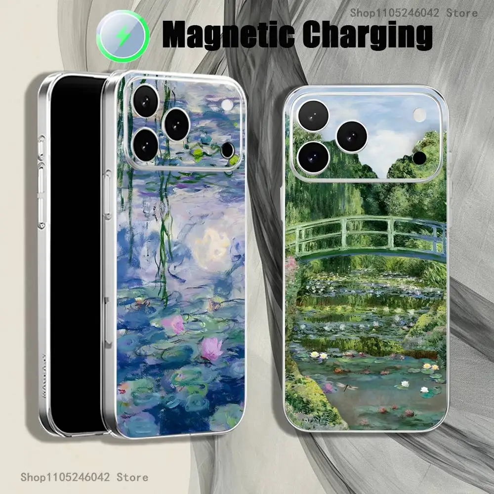 

C-Claude Monet Garden Paint Transparent White Phone Case For iPhone 17,16,15,14,13,12,11,Pro,Max,Plus Magnetic Wireless Charging