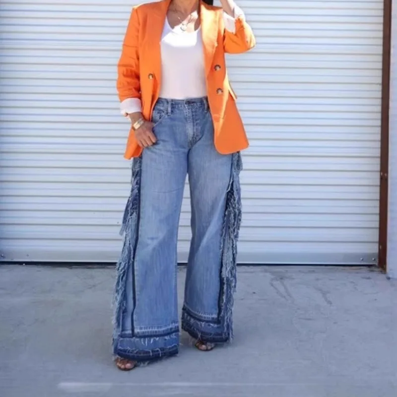 2025 Vintage Washed Fringed Wide-leg Jeans Female Y2k Spice Girl Fashion High Waist Straight Pants