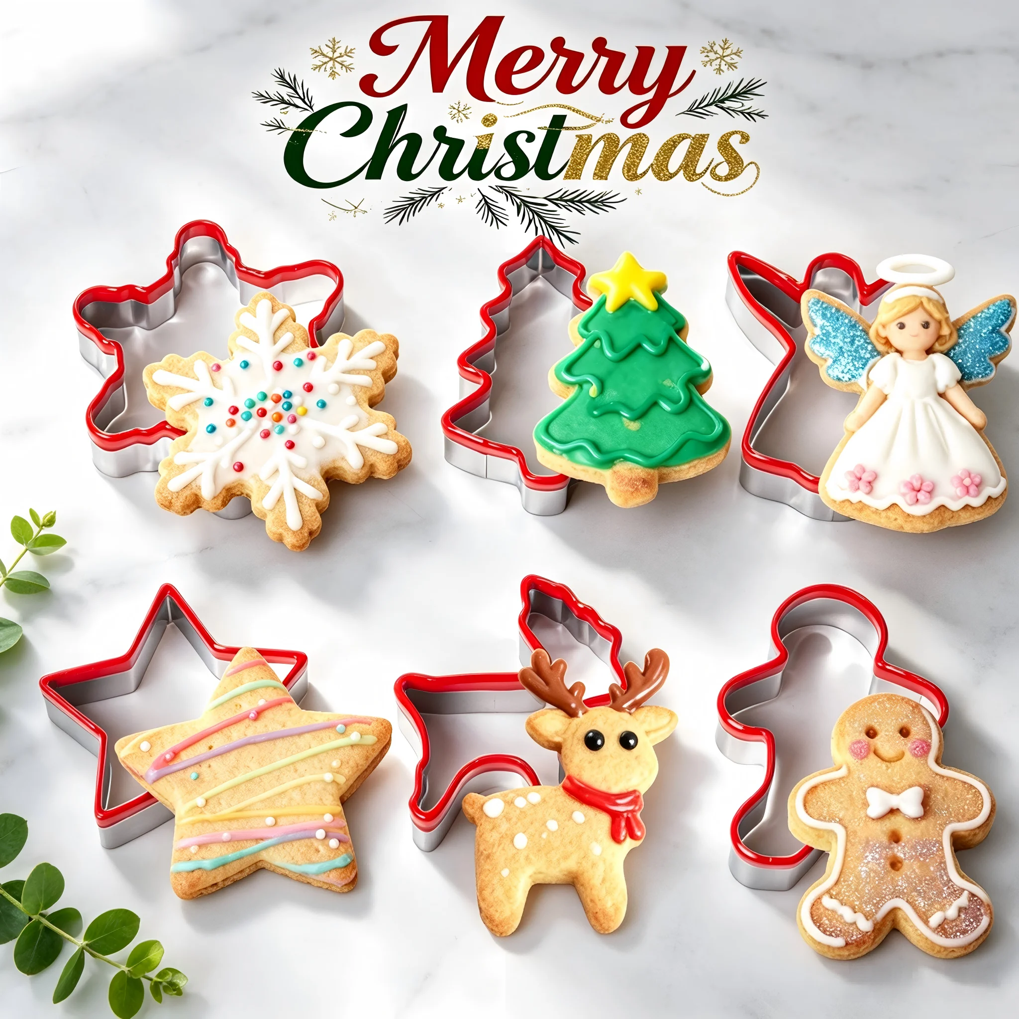 6PCS Christmas Cookie Cutters Set Soft PVC Edge Gingerbread Elk Snowflake Star Bell Tree for Baking Decor DIY Holiday Gift