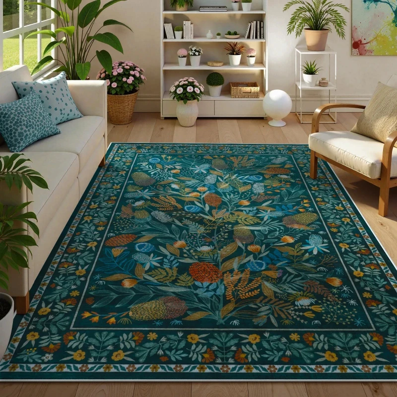 

Carpet for Living Room Soft Comfortable Floor Mat Bohemian Blue Floral Rug Non-slip Machine Washable Modern Home Decoration Rugs